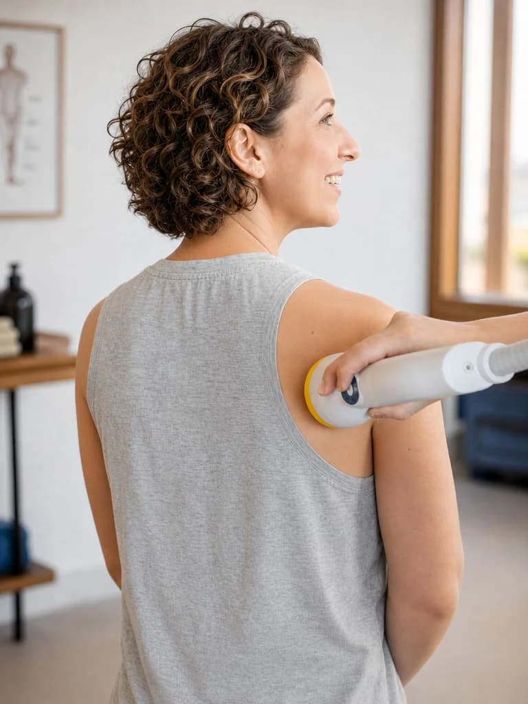 Oceanside chiropractor applying SoftWave acoustic-wave therapy to a patient's shoulder to support tissue repair