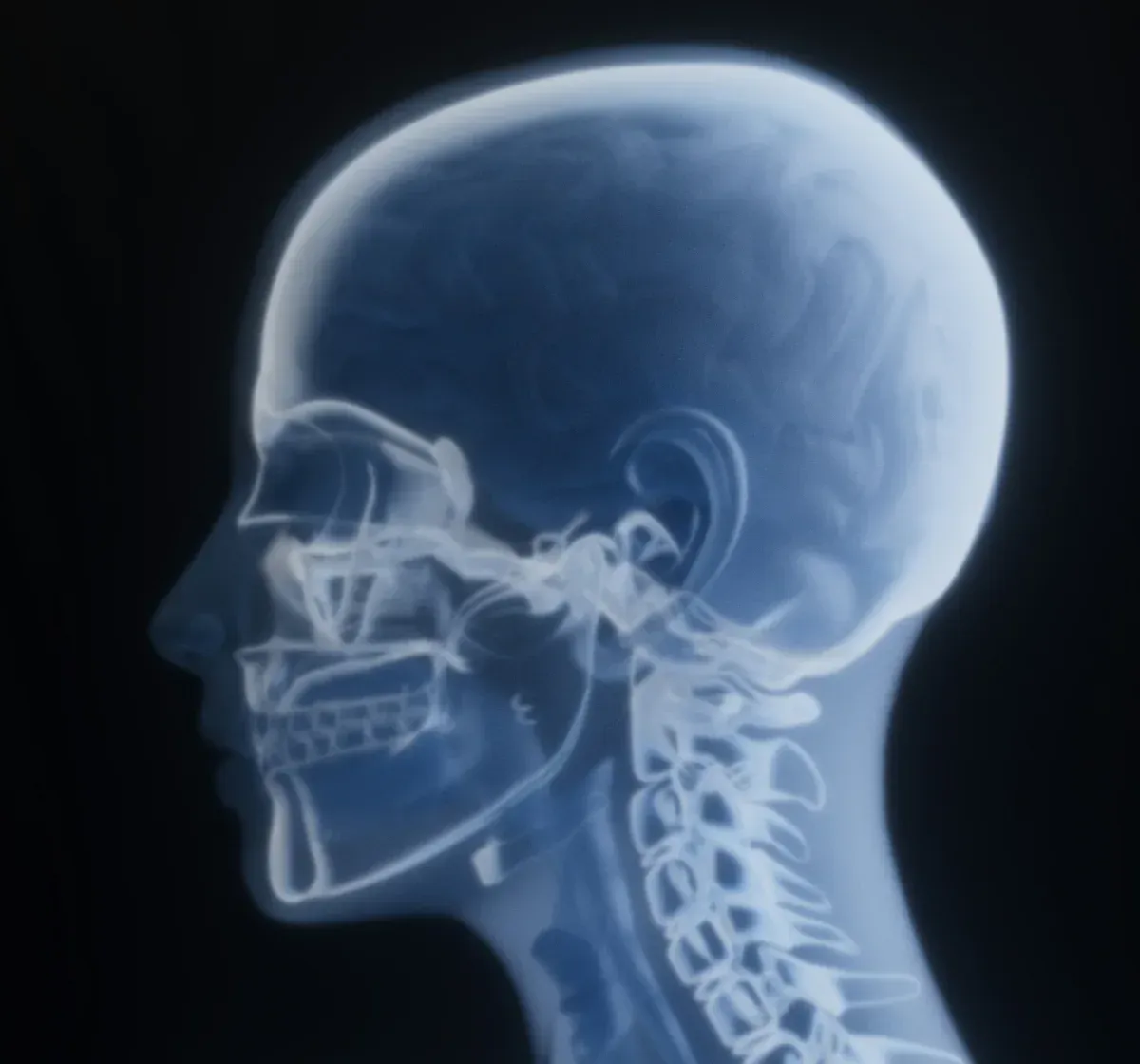 X-ray style illustration of the head and upper cervical spine, the area checked during a headache exam
