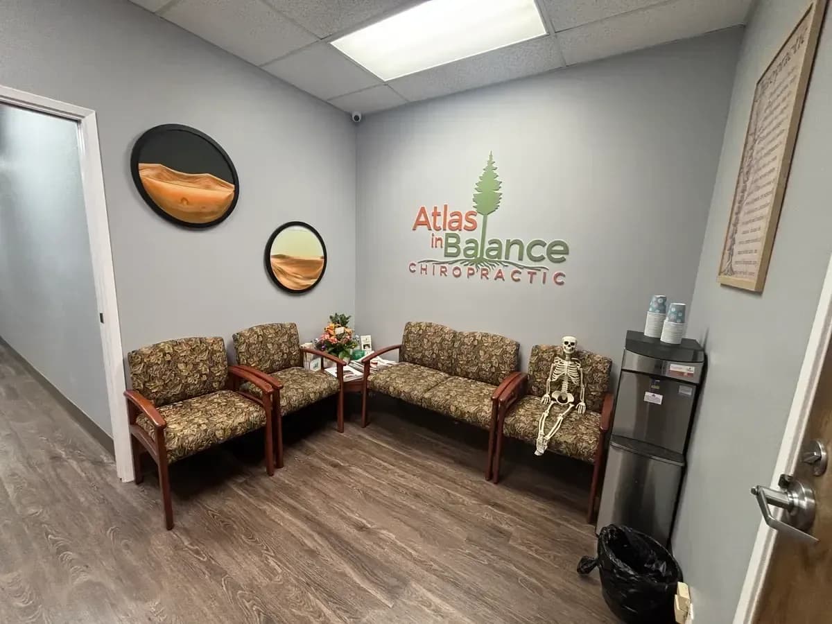 Waiting room at Atlas in Balance Chiropractic, where a first neck pain visit in Oceanside begins