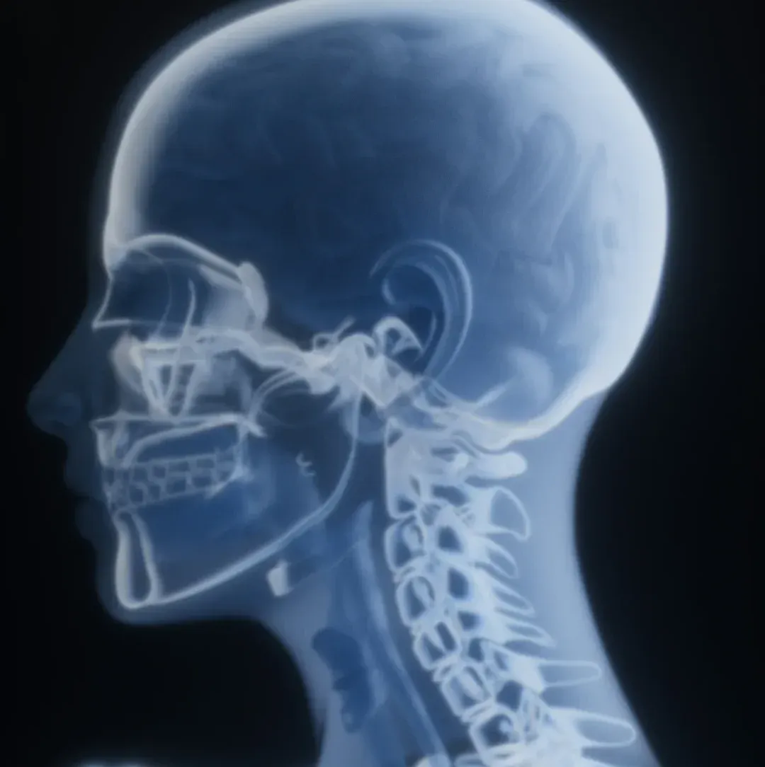 X-ray style illustration of the skull base and upper neck, which sit close to the structures of the ear