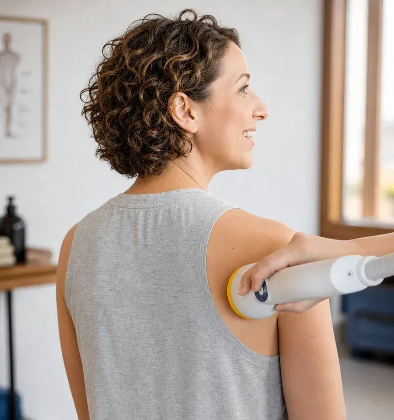 SoftWave therapy applicator on a patient's shoulder, an option for arthritic joints beyond the spine