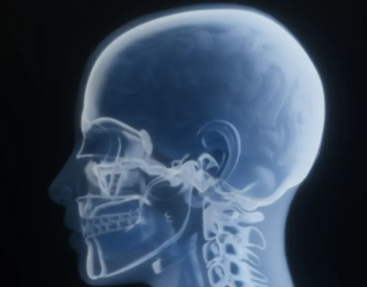 X-ray style illustration of the head and upper neck, where neck nerves meet the head's main pain pathway